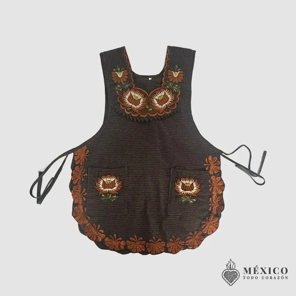 Brown Mexican Embroidered Smock Apron – Floral Traditional Design
